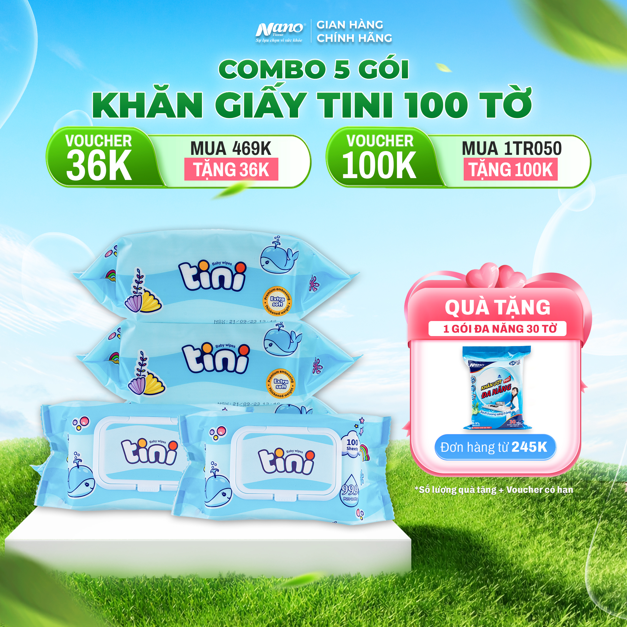 Khăn ướt Tini 100 không mùi